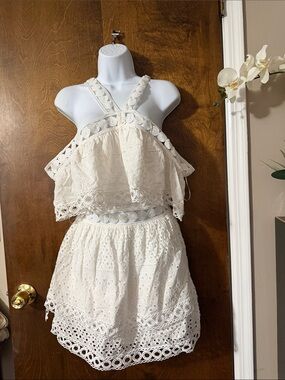 Aqua White Eyelet Two-Piece Set with Crochet Trim